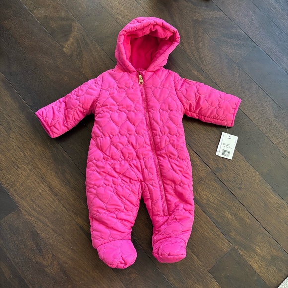 NWT Jessica Simpson Fuchsia Pink Quilted Hearts Pram 3-6 Snowsuit Winter Hooded - Picture 1 of 6